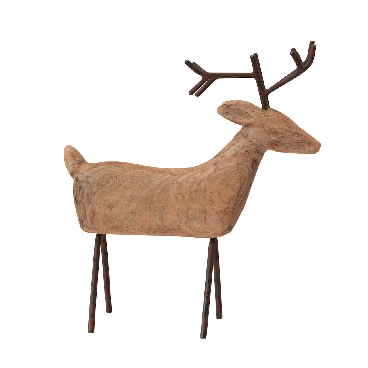 Hello Honey® 14.75" Hand-Carved Mango Wood Reindeer with Metal Legs & Antlers